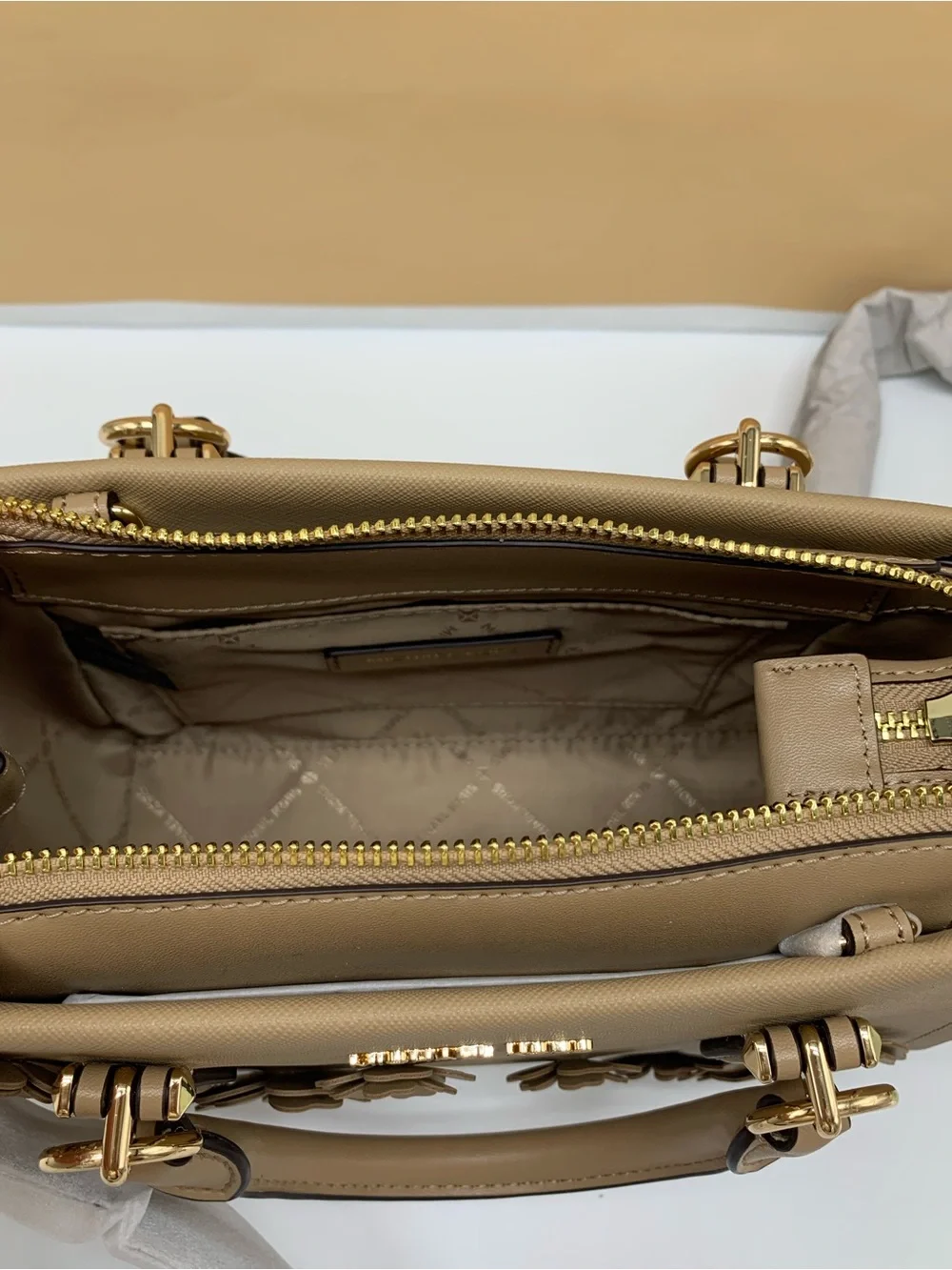 MICHAEL KORS Marilyn Small Floral Embellished Satchel Camel color